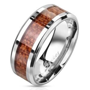 Wood Inlay Center Beveled Edges‎ Stainless Steel Ring Size 7